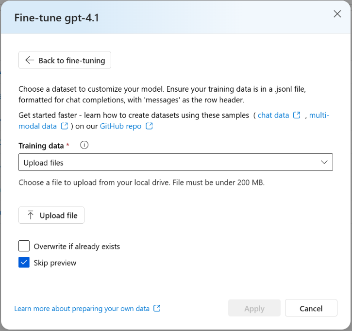 Screenshot of the Training data pane for the Create custom model wizard in Azure AI Foundry portal.