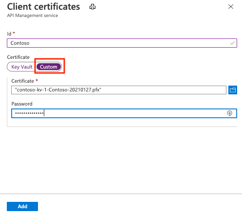 Screenshot of uploading a client certificate to API Management in the portal.